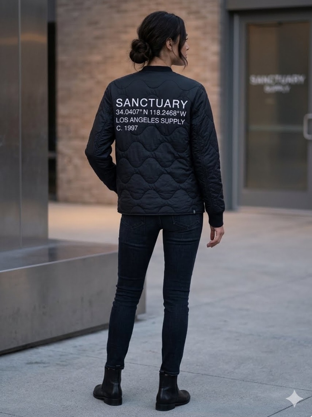 Sanctuary Anthro Quilted Bomber Jacket Black Camo Back Graphic Large